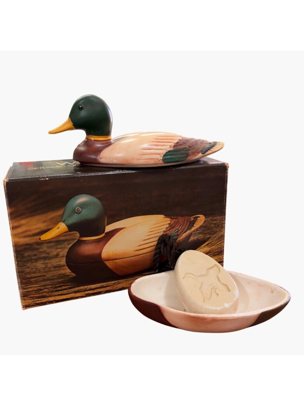 VTG Ceramic Mallard Duck Trinket‎ Dish 1978 Soap on a Rope Holder Brazil Pan